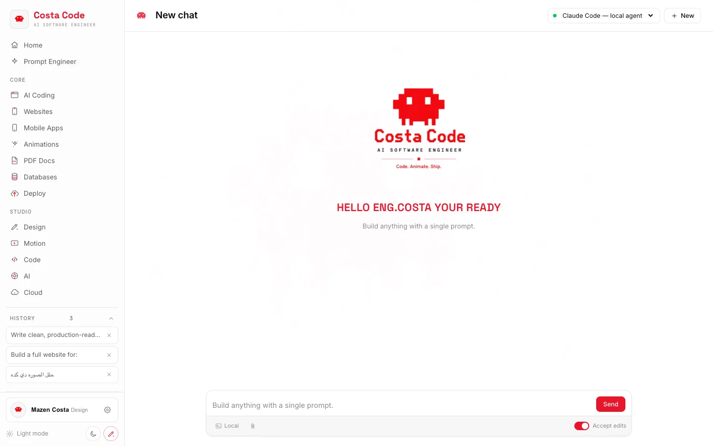 Costa Code Web chat screen with mascot, real app screenshot