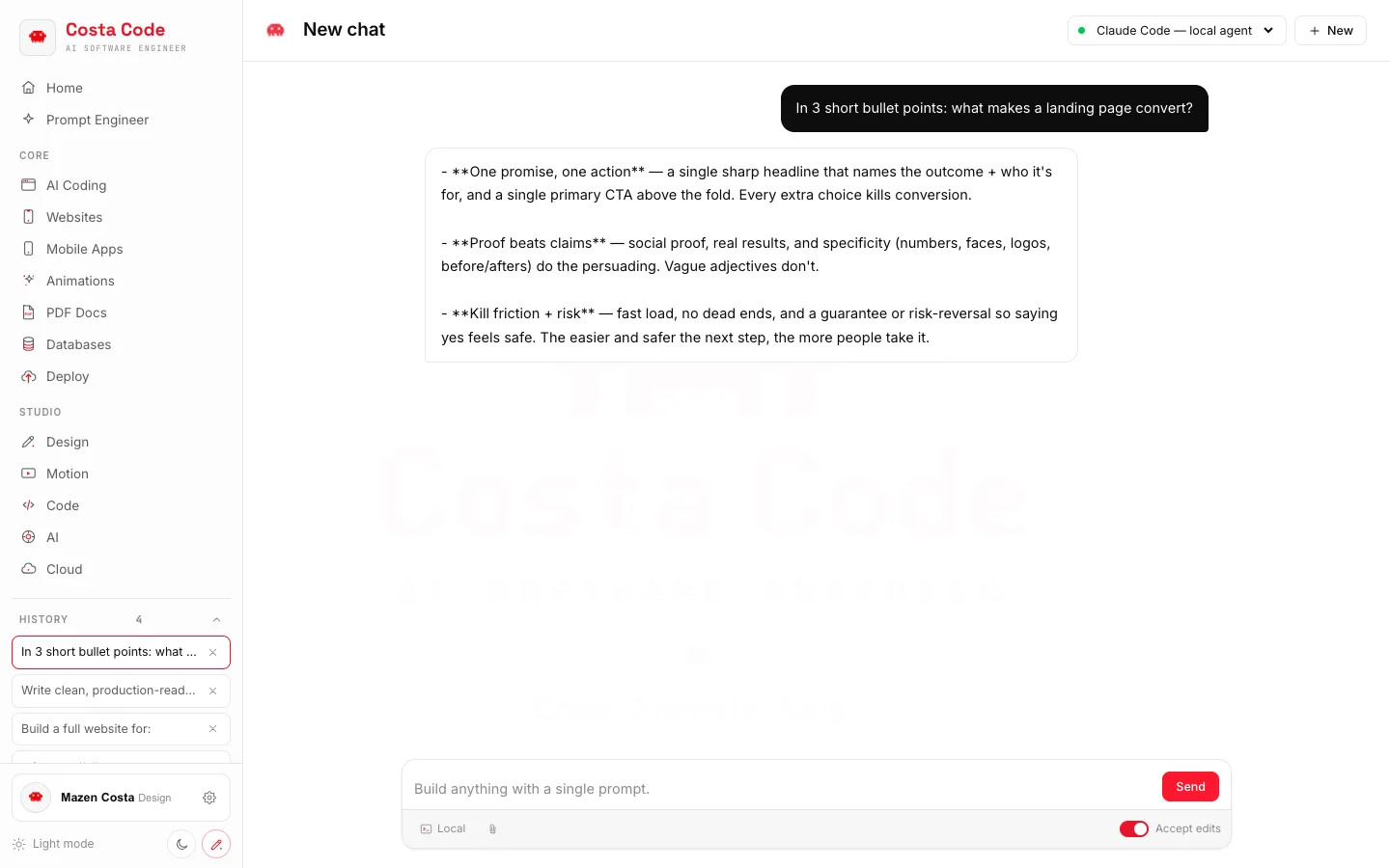 Real live chat exchange with an actual AI answer, real app screenshot