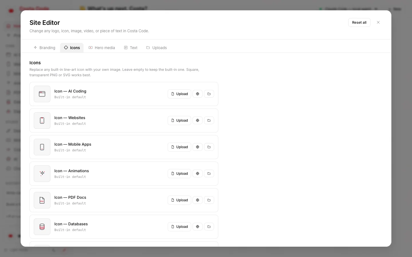 Costa Code Web Site Editor icons tab, real app screenshot