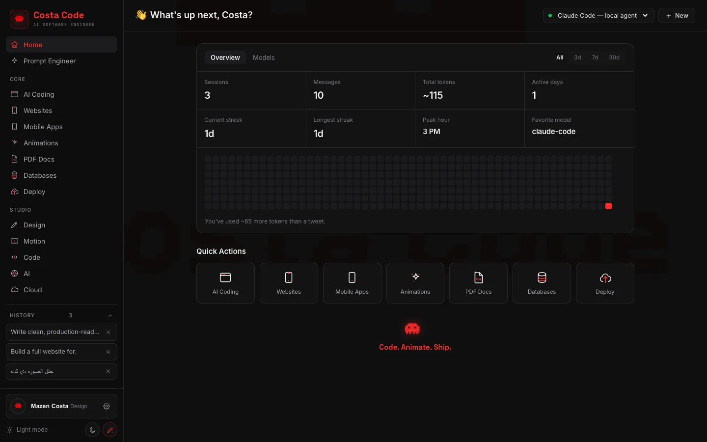 Costa Code Web home dashboard, dark mode, real app screenshot