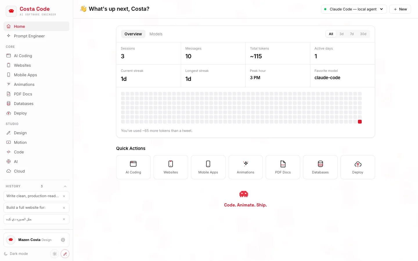Costa Code Web home dashboard, light mode, real app screenshot