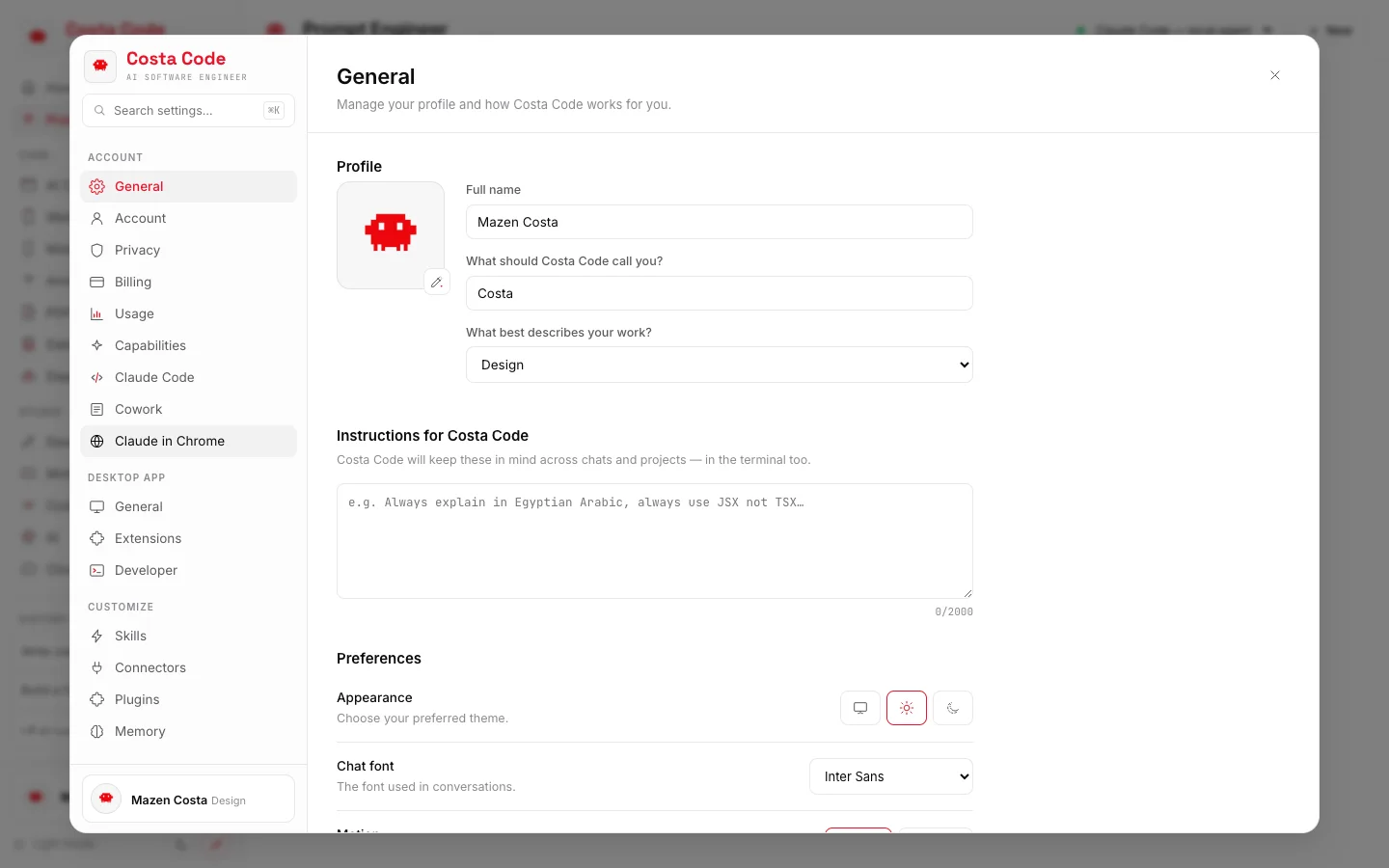 Costa Code Web general settings screen, real app screenshot