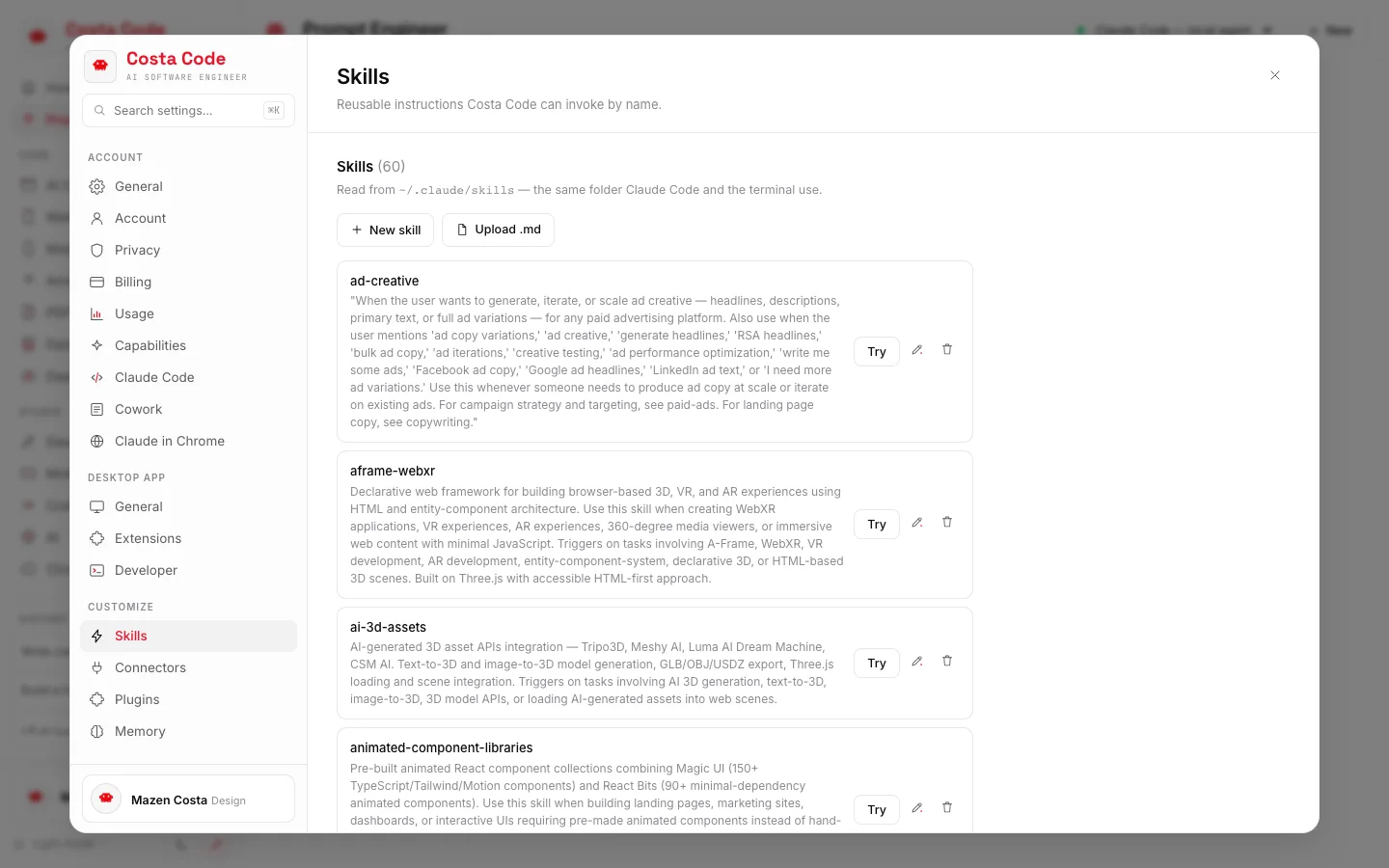 Costa Code Web skills settings screen showing 60 real skills, real app screenshot