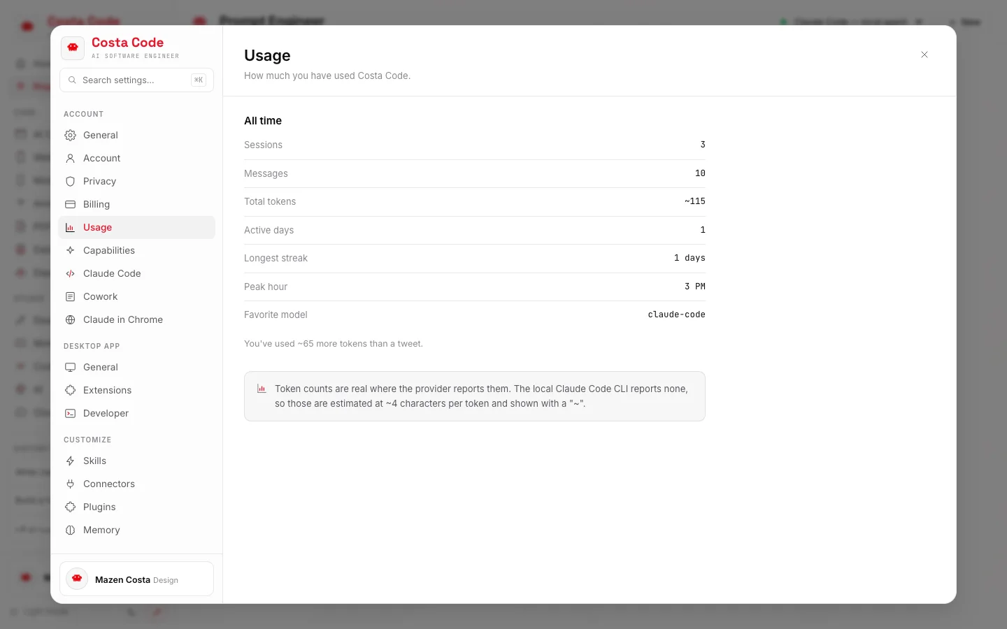 Costa Code Web usage settings screen, real app screenshot
