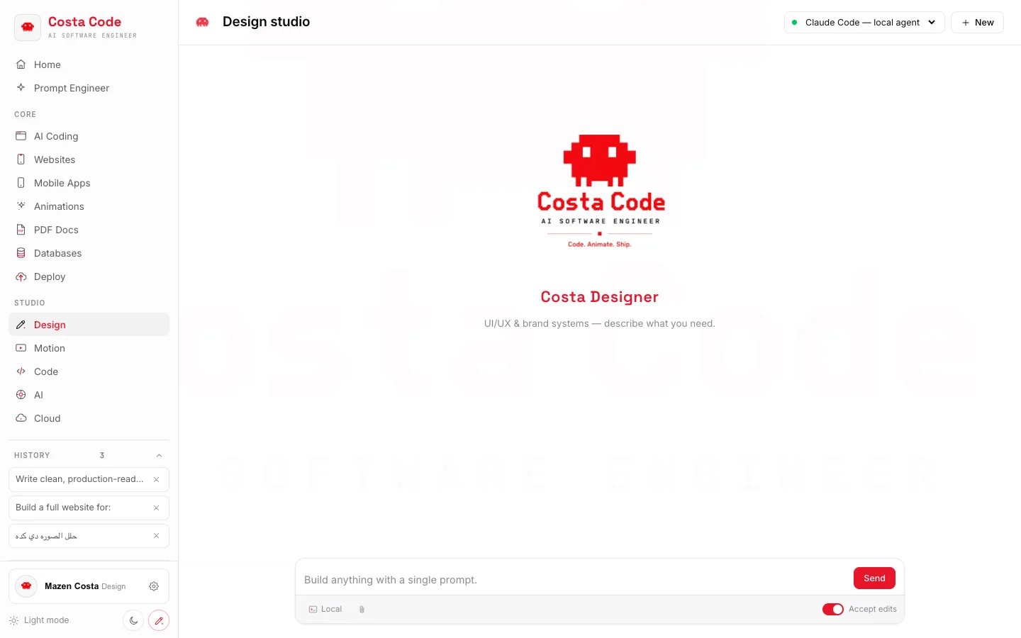 Costa Designer persona chat, real app screenshot