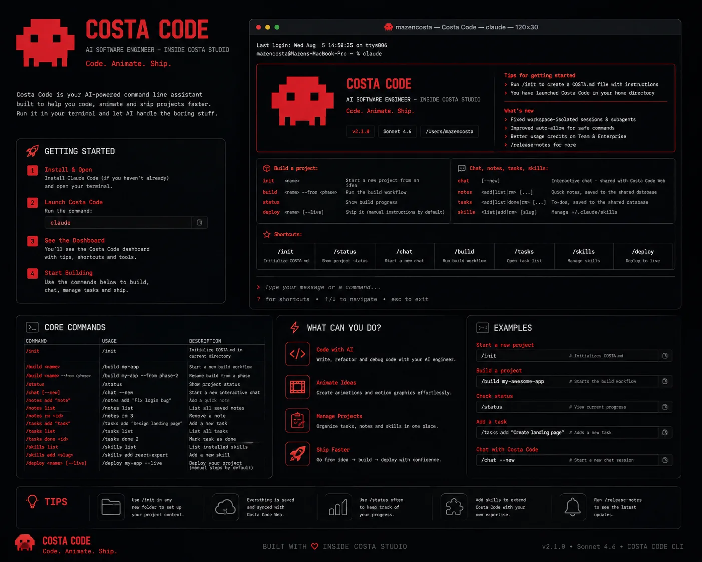 Costa Code CLI full command reference