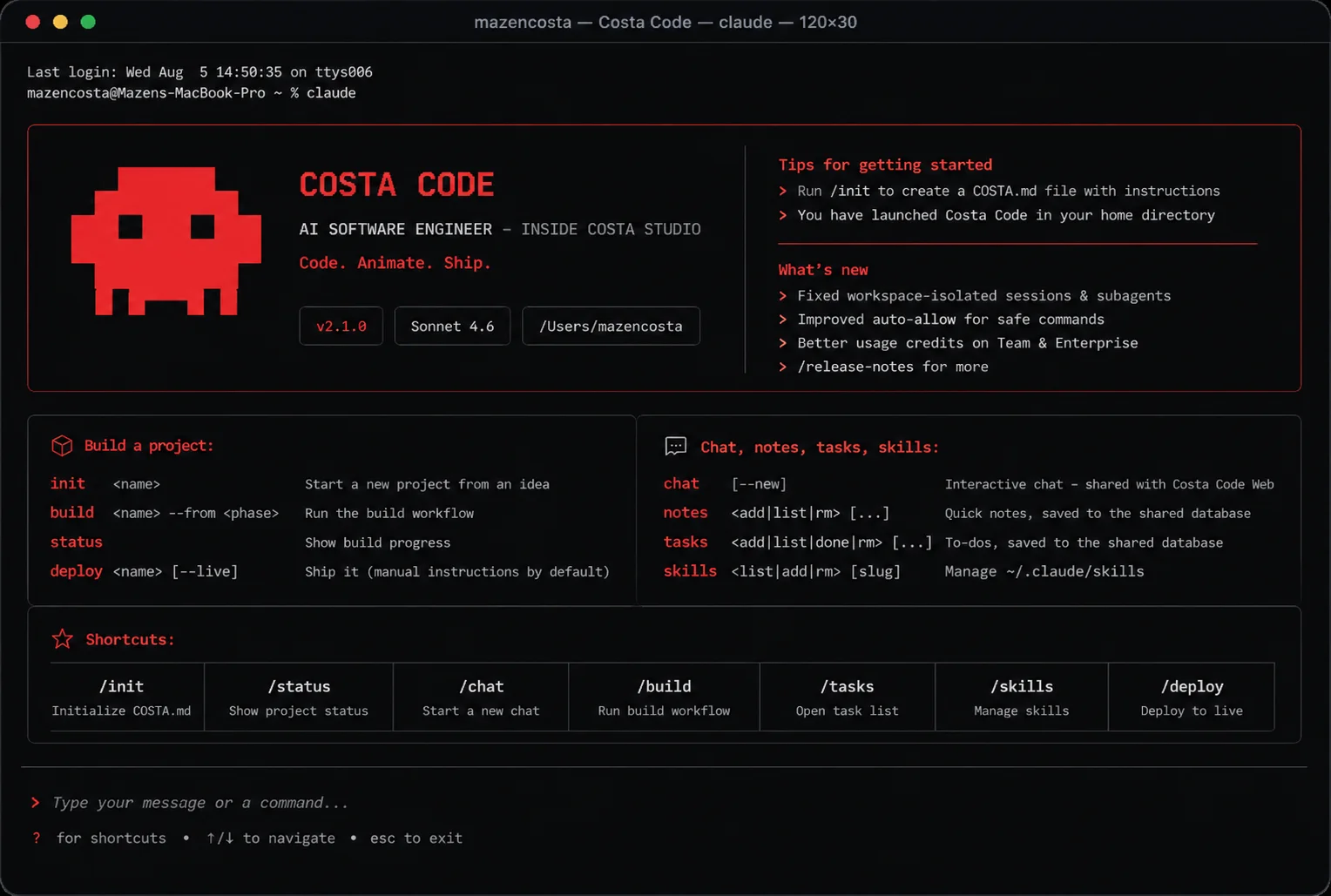 Costa Code CLI real terminal dashboard