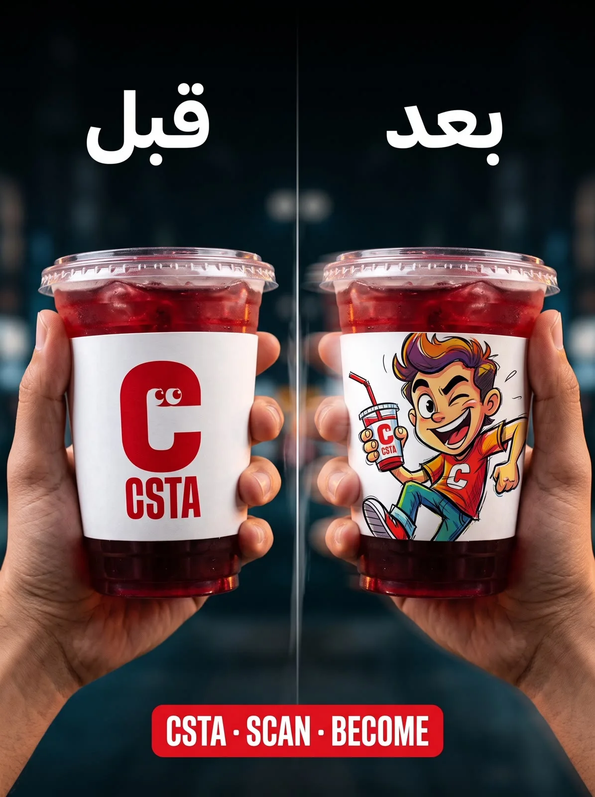 A cup before and after personalization — plain logo vs. a custom cartoon character