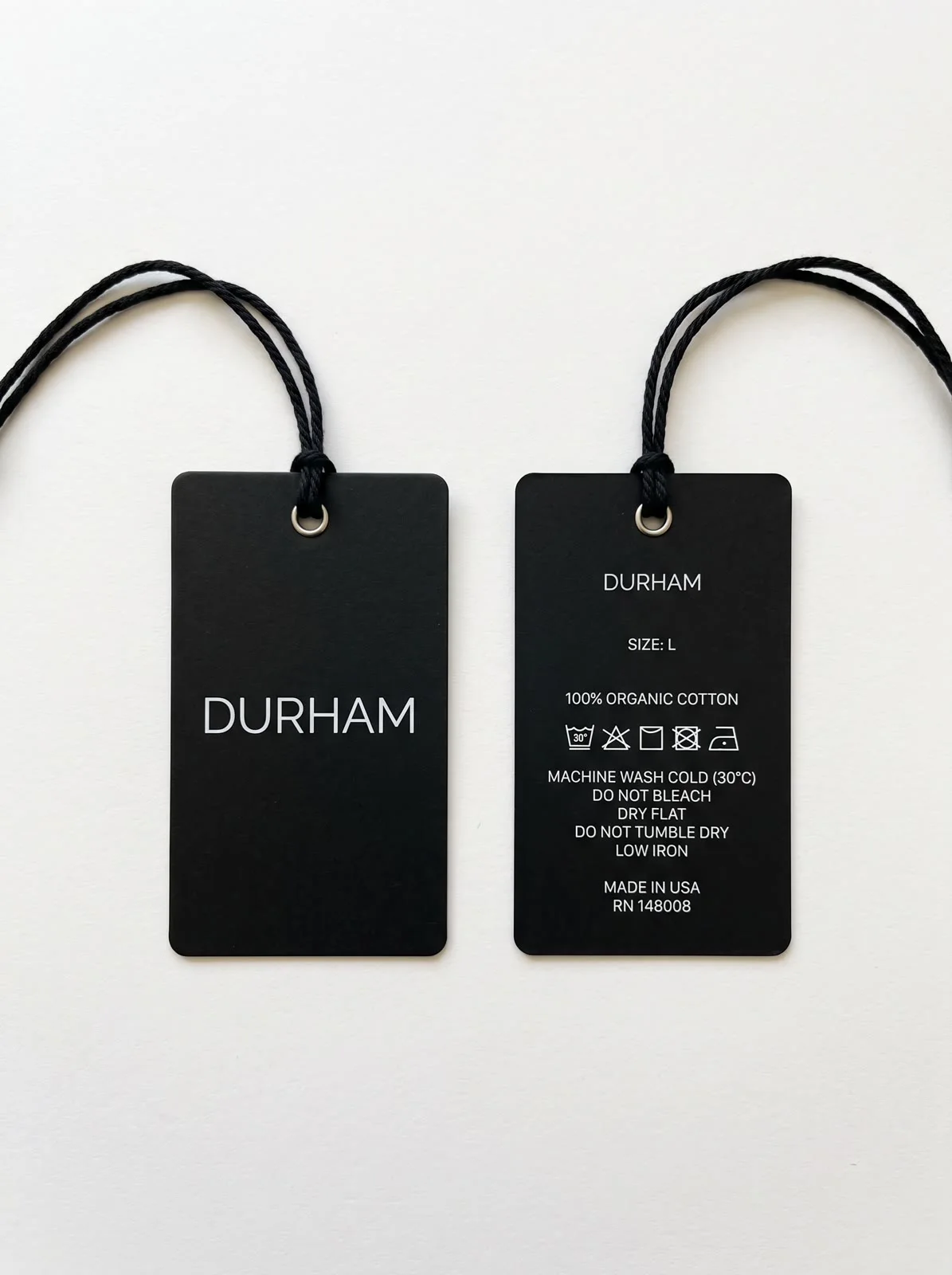 DURHAM product hang tag — front