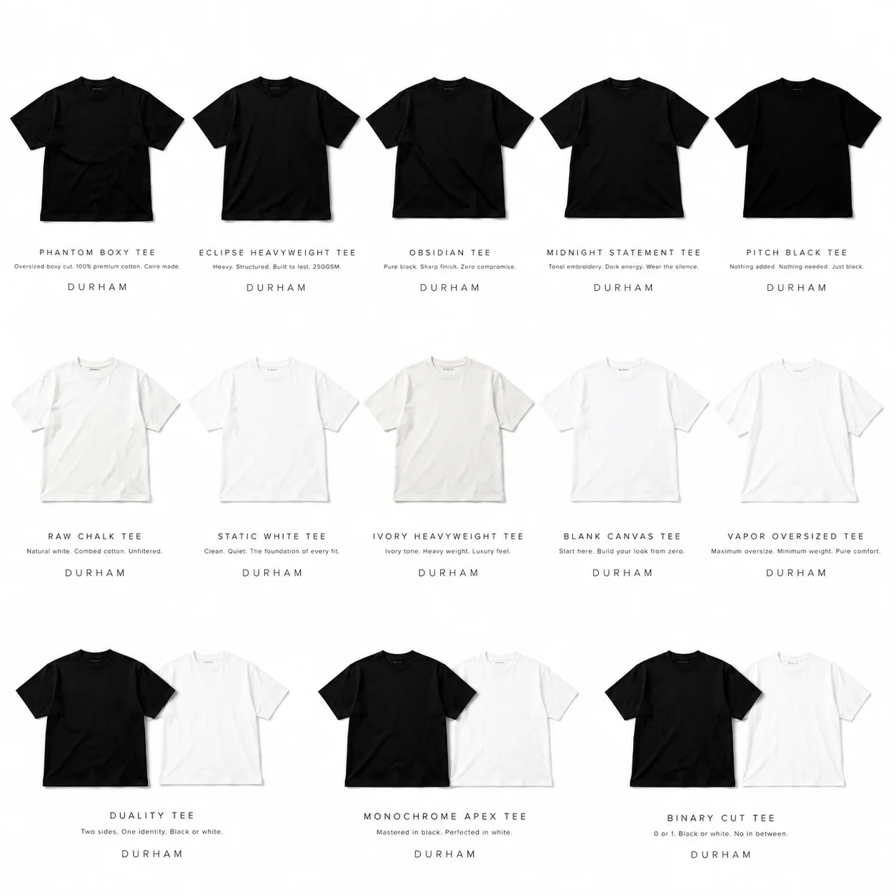 DURHAM t-shirt product catalog