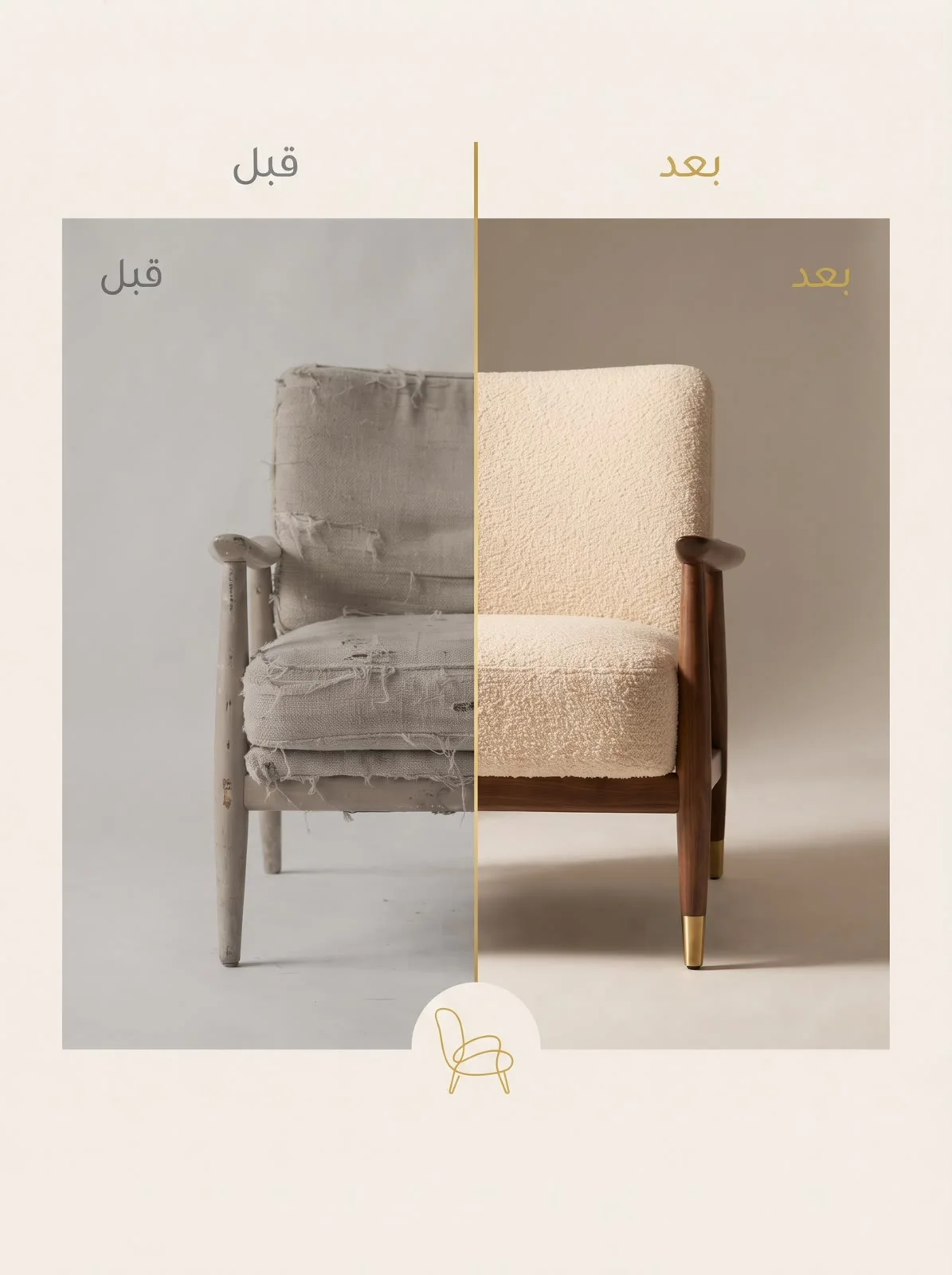 Furniture restoration before and after — a worn chair restored to premium condition