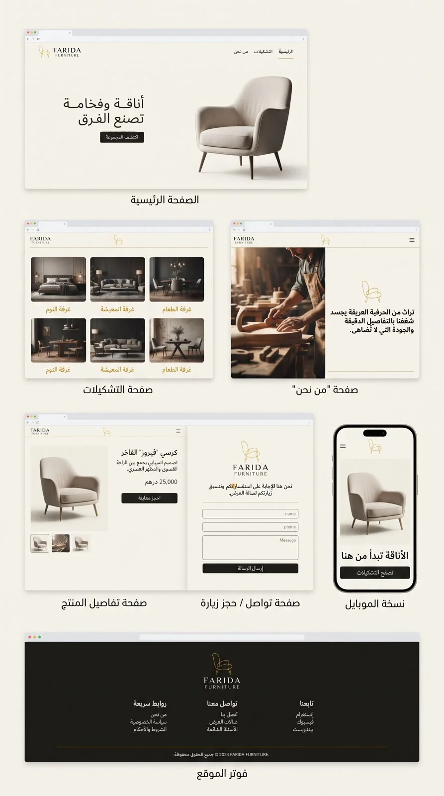 FARIDA Furniture website mockups — home, collections, about, product, contact, mobile, footer