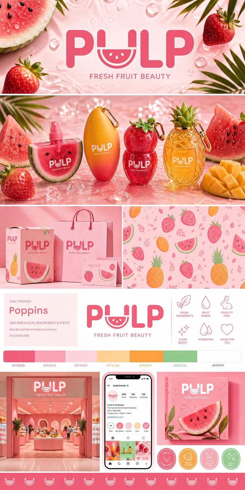 PULP brand identity applied to store, app, packaging and social