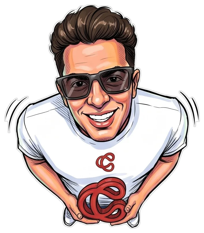Mazen Costa, cartoon portrait holding the Costa logo